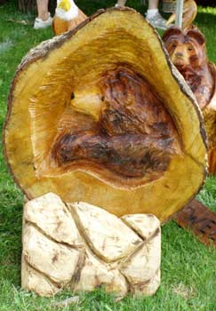 Round Wood with Carved Bear Mounted into Wood Rock Base
