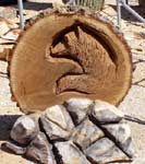 Round Wood with bear carved inside with rock base-Two Pieces